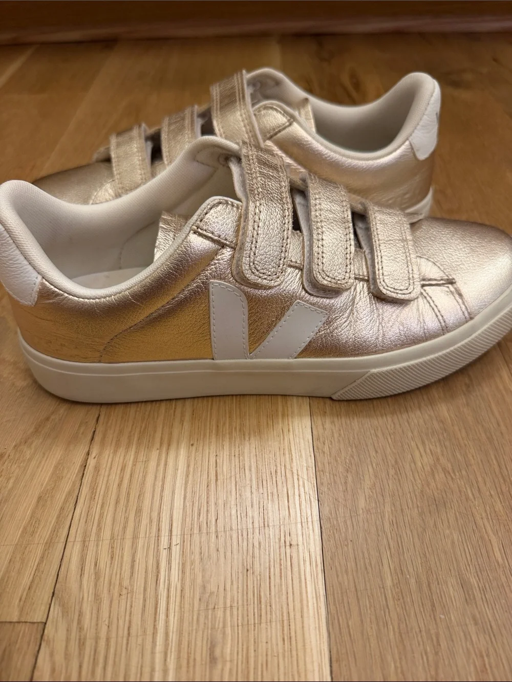 Veja Women’s  Metallic Gold Velcro Sneakers - Rose Gold and White